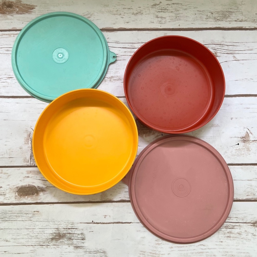 Tupperware Round Storage Containers Yellow Red Teal Rose Vintage 6in Set of 2